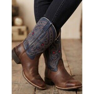 Ariat Quickdraw Western Riding Boots US 5 Leather Brown Blue Cowboy
